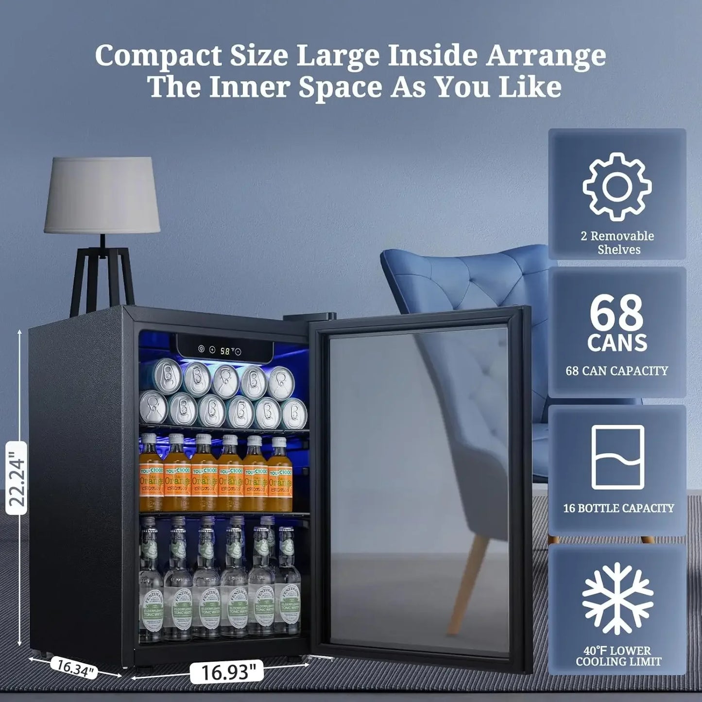 NO.① Beverage Refrigerator Cooler 68 Can, Mini Fridge with Glass Door for Beer Drinks Wine,Freestanding Small Fridge w