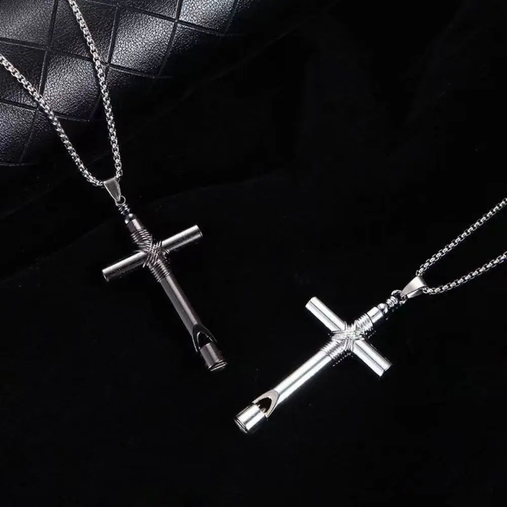 Creative Cross Whistle Necklace Simple Chain Minority Halloween Necklace Titanium Steel Men's Neck Chains Punk Choker