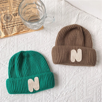 ins Children's hats Autumn/Winter N letter stick cloth knitted hats for boys and girls cute warm bun wool hat trend