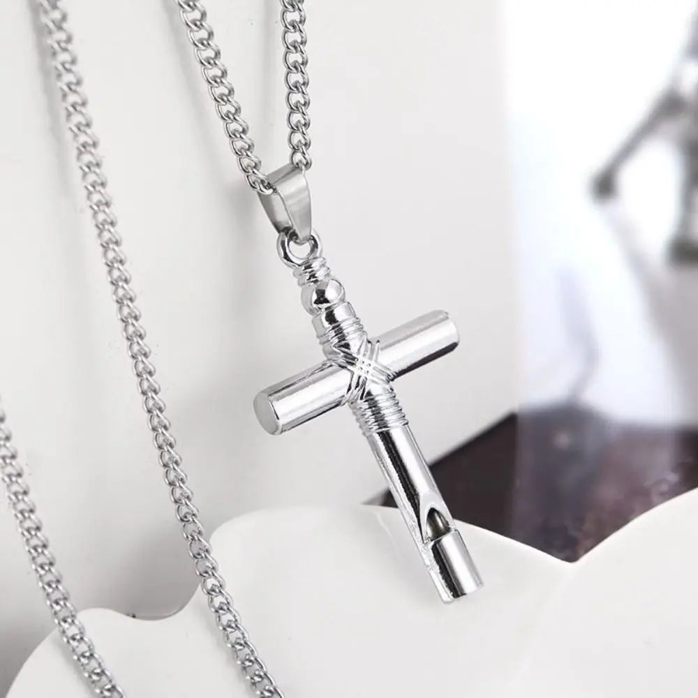 Creative Cross Whistle Necklace Simple Chain Minority Halloween Necklace Titanium Steel Men's Neck Chains Punk Choker