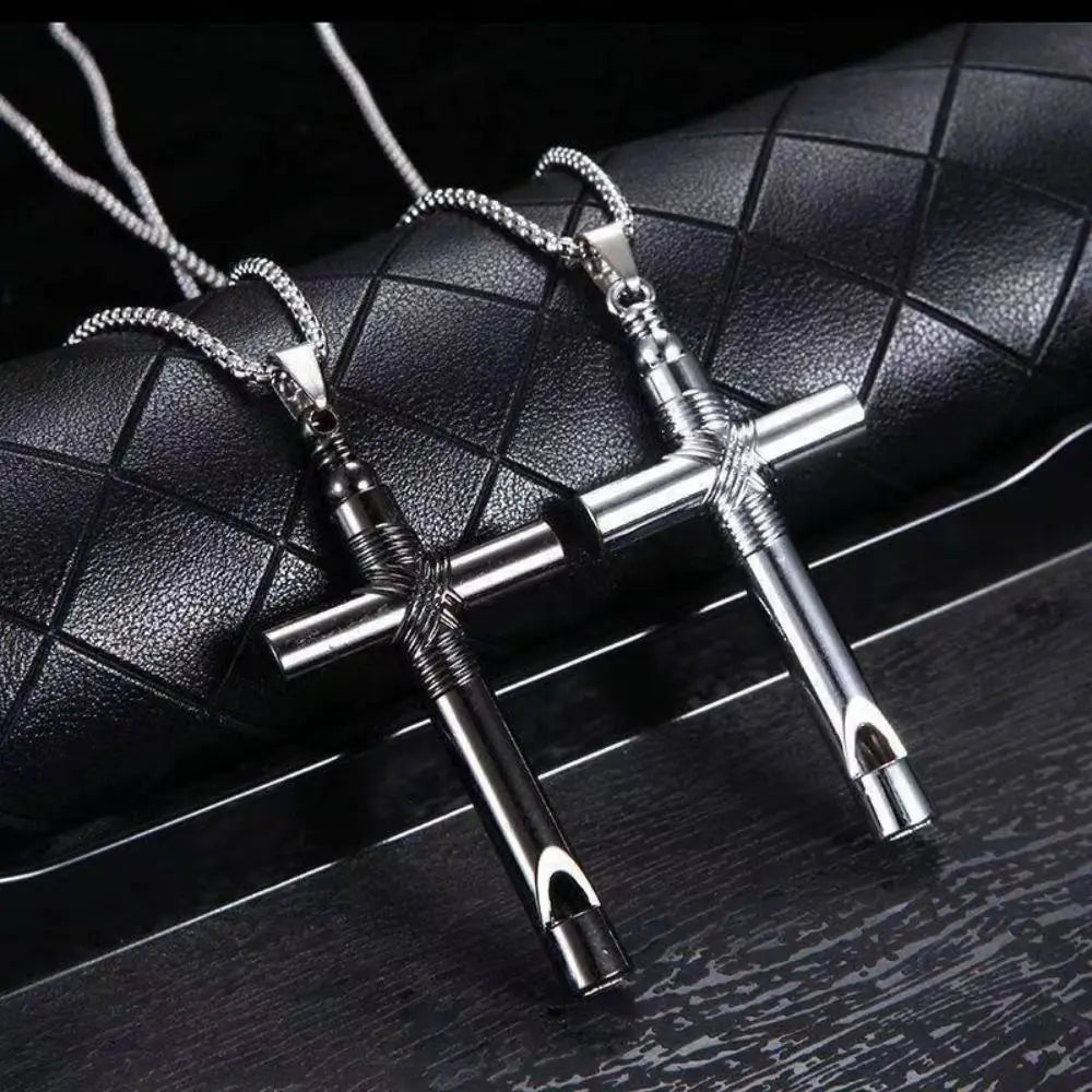 Creative Cross Whistle Necklace Simple Chain Minority Halloween Necklace Titanium Steel Men's Neck Chains Punk Choker